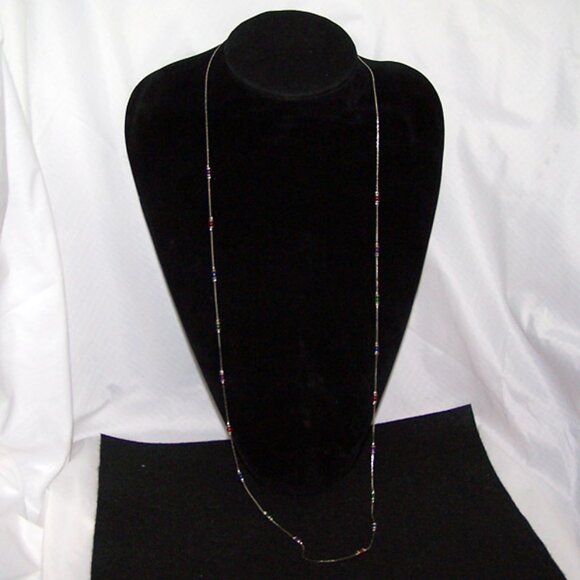 19" Necklace - Silver Tone with small Red, Blue, Purple, and Green Beads - Picture 2 of 4